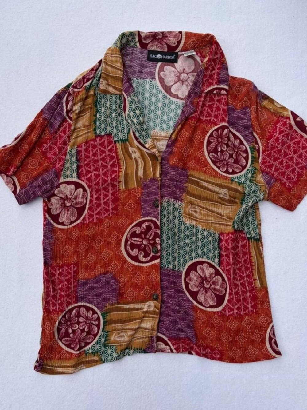 Vintage Sag Harbor Colorful Patchork Flowy Loose Hawaiian Button-Up Shirt Size S